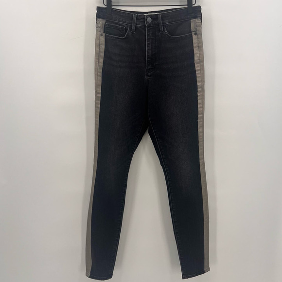 Athleta Sculptek Jeans with Tuxedo Stripe Womens size 8 Black Gold Stretchy - Picture 3 of 9